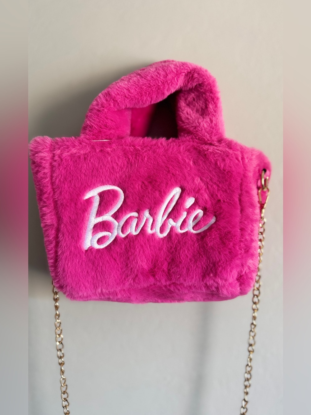 NWT Barbie Plush Mini Tote Bag in Pink with Gold Chain